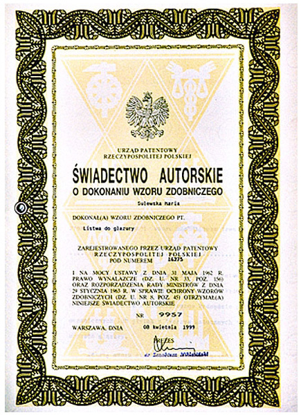 Świadectwo autorskie nr 9957