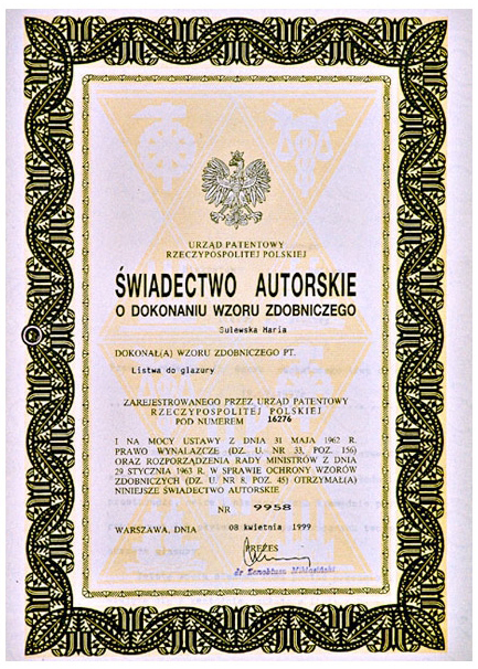Świadectwo autorskie nr 9958
